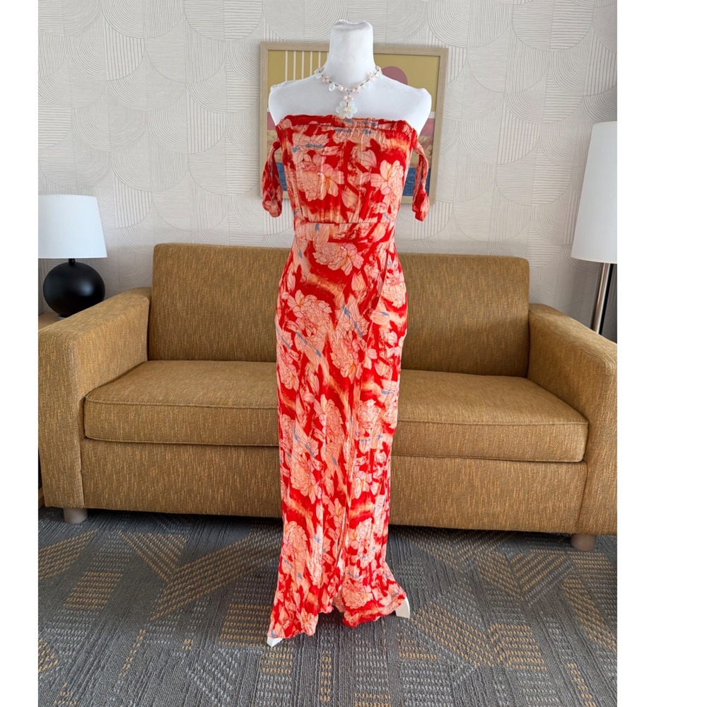 Flynn Skye Red Orange Floral Off The Shoulder Maxi Dress Large Made in USA